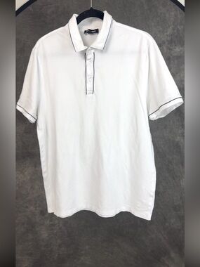 Express White Piped Polo Shirt | Size L | Black Trim Button Polo